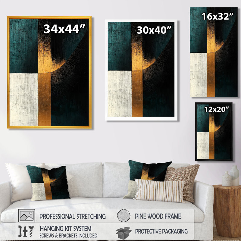 Rocco, abstrait géométrique, échos d'émeraude et d'or II - impressions sur toile géométriques, H 60 po x l 28 po, Doré