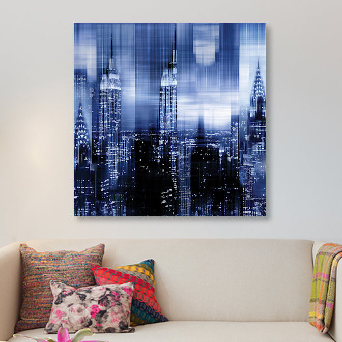 «NYC - Reflections in Blue II», impression sur toile, H 18 po x l 18 po x P 1,5 po, Toile avec cadre noir, Pas de tapis
