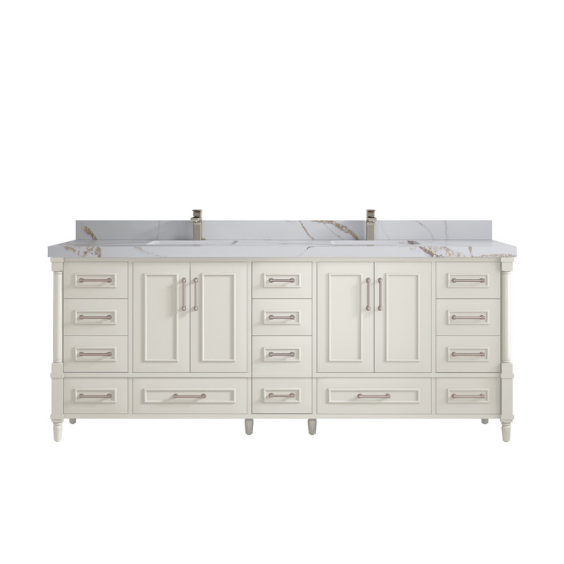 Aberdeen 84'' Double Bathroom Vanity with Quartz Top, Alabaster, Calacatta Poanazzo