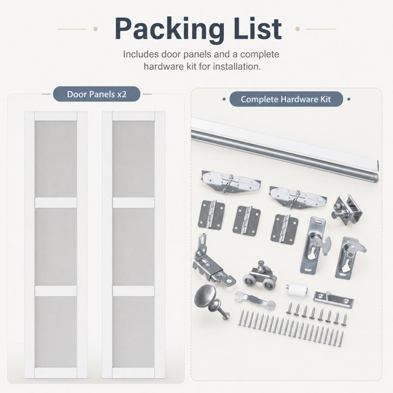 Porte pliante en bois manufacturé double 48 po x 80 po à 3 portes en verre massif avec trousse de quincaillerie d'installation (porte de garde-robe) blanc