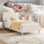 Structure de lit simple tapissier avec DEL, tissu de velours, tête et pied de lit réglables, lit plateforme pour enfants, beige-809054641-809054643