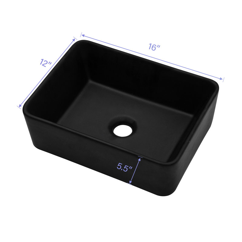 Lavabo de salle de bain vasque rectangulaire en céramique 16 po x 12 po en noir. Design moderne. Excellente qualité, faible capacité d'absorption d'eau. Surface de teinture. Fixation au-dessus du comptoir. Trou de drain central de 1 3/4 po. 16 x 12 po classique