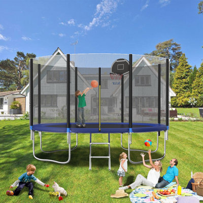 12FT Round Backyard Tranpoline with Safety Enclosure Net and T-Hook for Kids and Adults