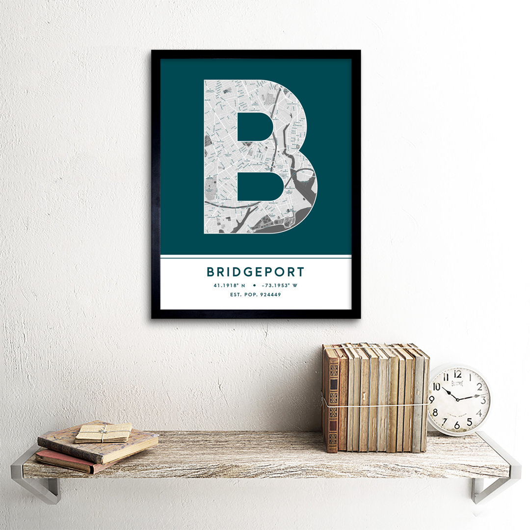 Bridgeport City Map Bridgeport Teal - Single Picture Frame Typography