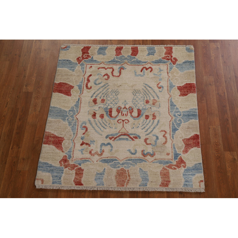Tapis carré Oushak à motif végétal noué à la main 4 x 4