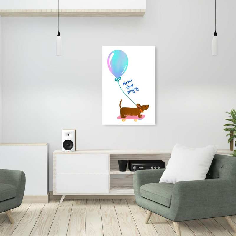 Never Stop Playing Dachshund Playful Whimsical Contemporary Dog Wall Art Print by Baroo Bloom - Wrapped Canvas Print
