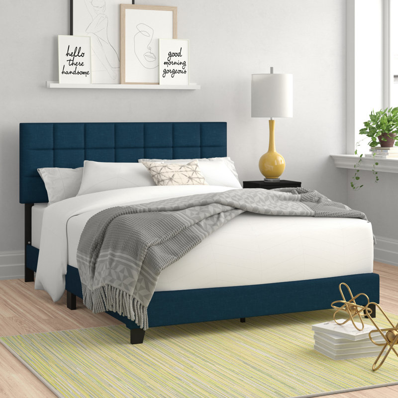 Upholstered Queen Size Bed with Padded Headboard, Linen Fabric, Easy Assembly, Gray, Queen
