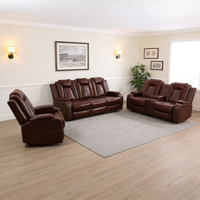 Ensemble de salon inclinable en similicuir 3 pièces avec chargement et rangement sans fil, Rouge