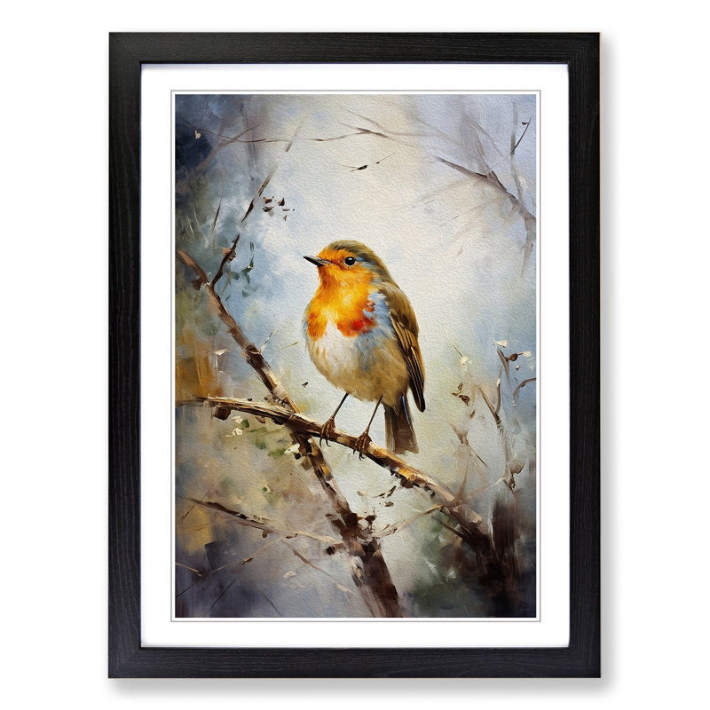 Robin Bird Impressionism - Single Picture Frame Print on Wood, 34cm H x 25cm W x 2cm D, Black