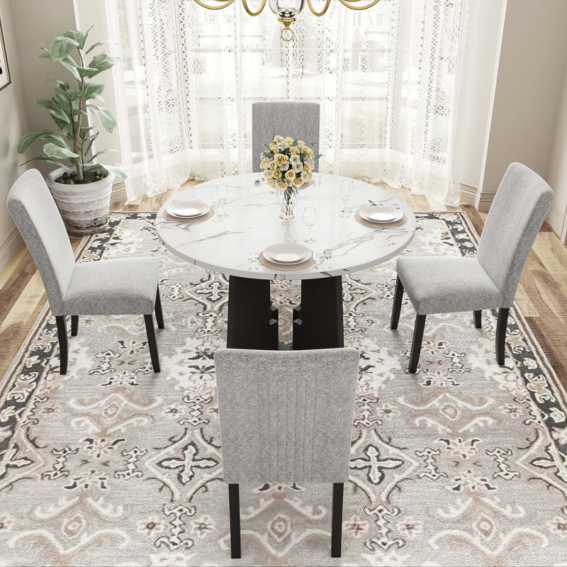 Polett Round Dining Set, White Table with Beige Chairs