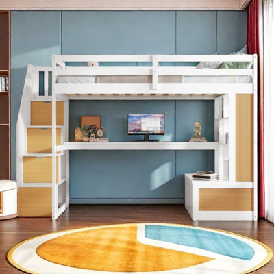 Full Size Loft Bed With Desk And Shelves, Two Built-In Drawers, Storage Staircase by Harriet Bee