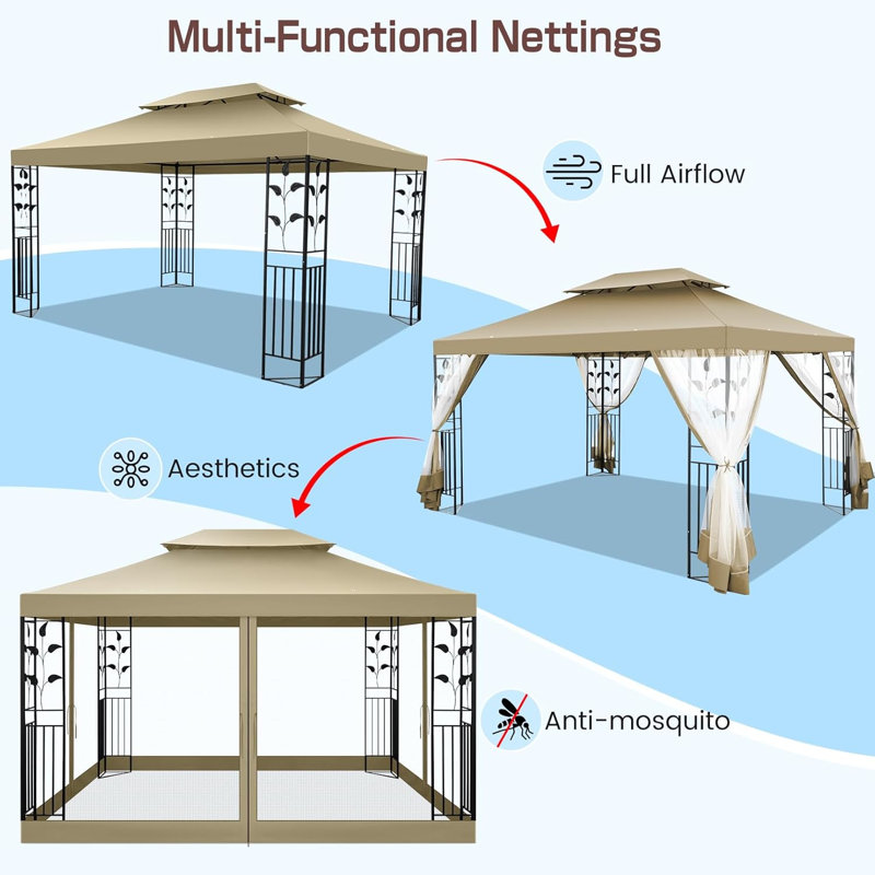 10x13 Gazebo on Clearance, Outdoor Gazebo Tent with Mosquito Netting and Ventilated Double Flat Roof, All Weather Easy Assembly for Patio, Backyard, Garden (2025 New Model)