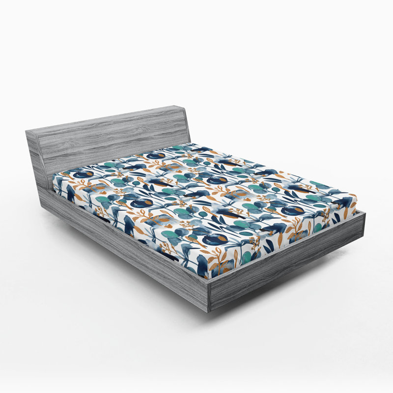 Drap-housse floral Ambesonne, Drap-housse de taille très grand, Bleu ardoise, écume de mer, ambre / floral