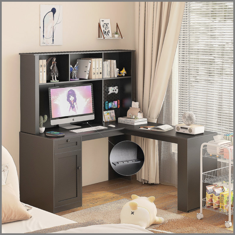 Bureau en L avec chargeur, bureau d'ordinateur avec tiroirs, bibliothèque, bureau d'angle moderne, bureau à domicile, bureau d'écriture en L, bureau d'ordinateur en fibre de carbone avec rangement, noir