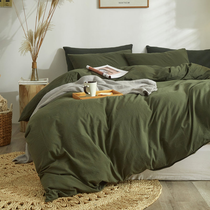 Ensemble de housse de couette douce en coton délavé Boho, Housse de couette double + 2 taies d'oreiller stan, Vert d’armée