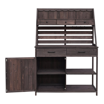 Brown Fir Wood Potting Bench With 1 Cabinet And 5 Drawers, Versatile Slatted Backboard For Customizable Gardening Storage Garden Workstation Made Of Wood, - Drawer Design, Airflow In