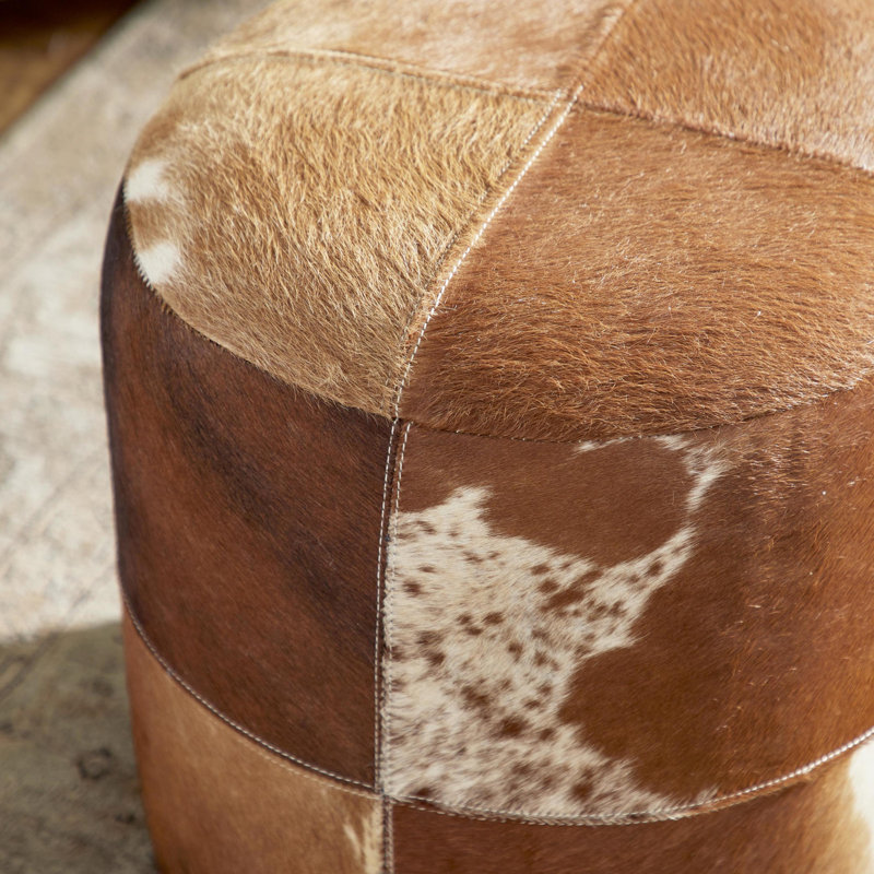 Alīna Leather Handmade Cowhide Living Room Stool with Patchwork Pattern, Brown Genuine Leather
