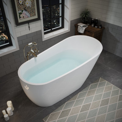 Baignoire autoportante en acrylique 152,4 cm x 75 cm, baignoire profonde avec bonde rétractable doré brossé et trop-plein intégré pour salle de bain spa, blanc brillant