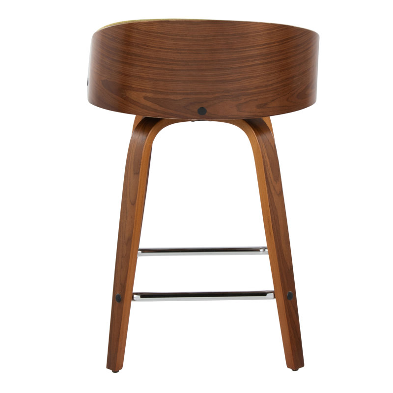 Walnut and Green Upholstered Swivel Counter Stools, Set of 2