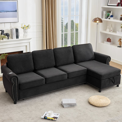 106.5" Pull Out Sofa Bed,L Shaped Modular 4 Seater Couch,2-in-1 Sofa Bed,Wireless Charging , USB Charging Ports,Memory Foam Mattress,Storage Space, Flannelette,Black