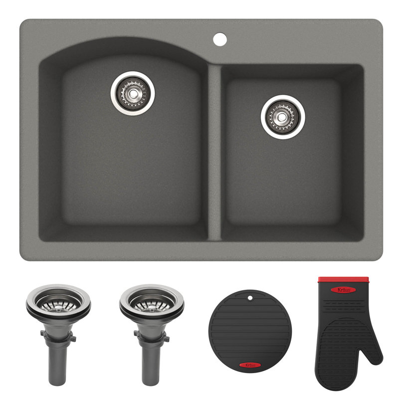 Gray 33'' Dual Bowl Granite Drop-In Kitchen Sink