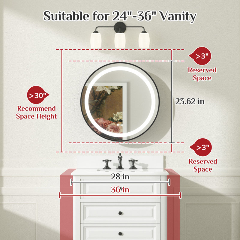 Gervon Lighted Surface Framed Round Medicine Cabinet Mirror Adjustable Shelf & AC Outlets, 24" H x 24" W x 4.7" D, Silver