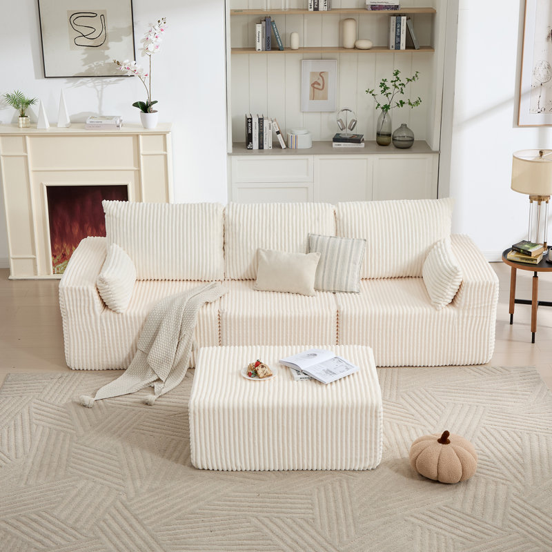Boneless 108" Modular Sofa Corduroy Modern L Shaped Sectional For Living Room, Cream Corduroy