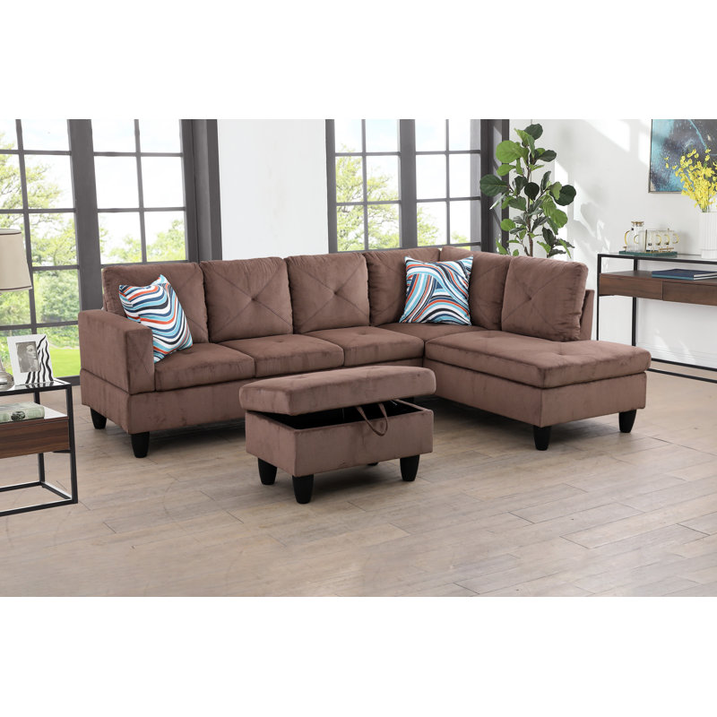 980-SCO-MICROFIBER Upholstered L-Shaped Sectional, Right Hand Facing, Brown Microfiber
