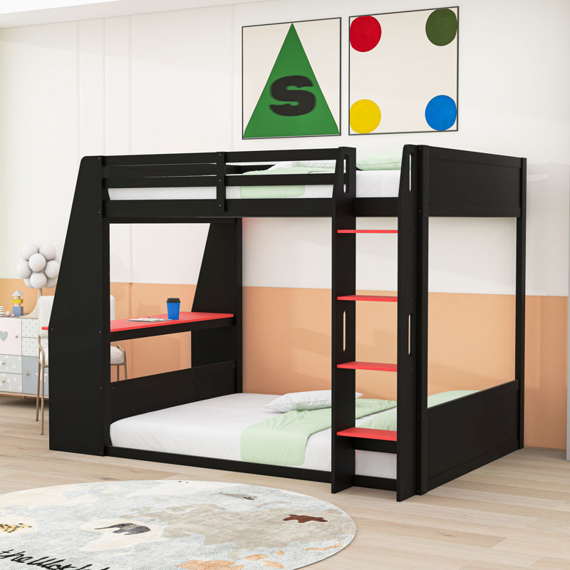 Lit superposé en bois avec bureau intégré, port USB, lumières DEL et tablettes de rangement, Double sur double, Noir rouge