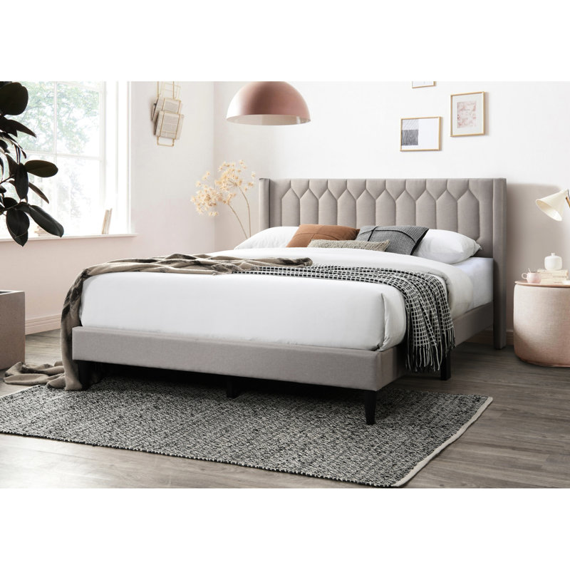 Full Size Bed With Brown Burlap And Diamond Design Headboard, Modern Platform Without Box Spring Style Bed,