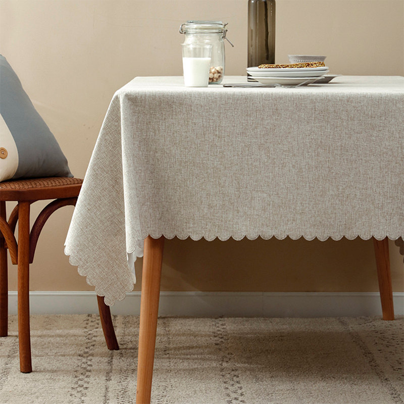 Grey Scalloped Edge Wrinkle-free Heat Resistant 56"x40" Rectangular Tablecloth, 88" x 56", Natural