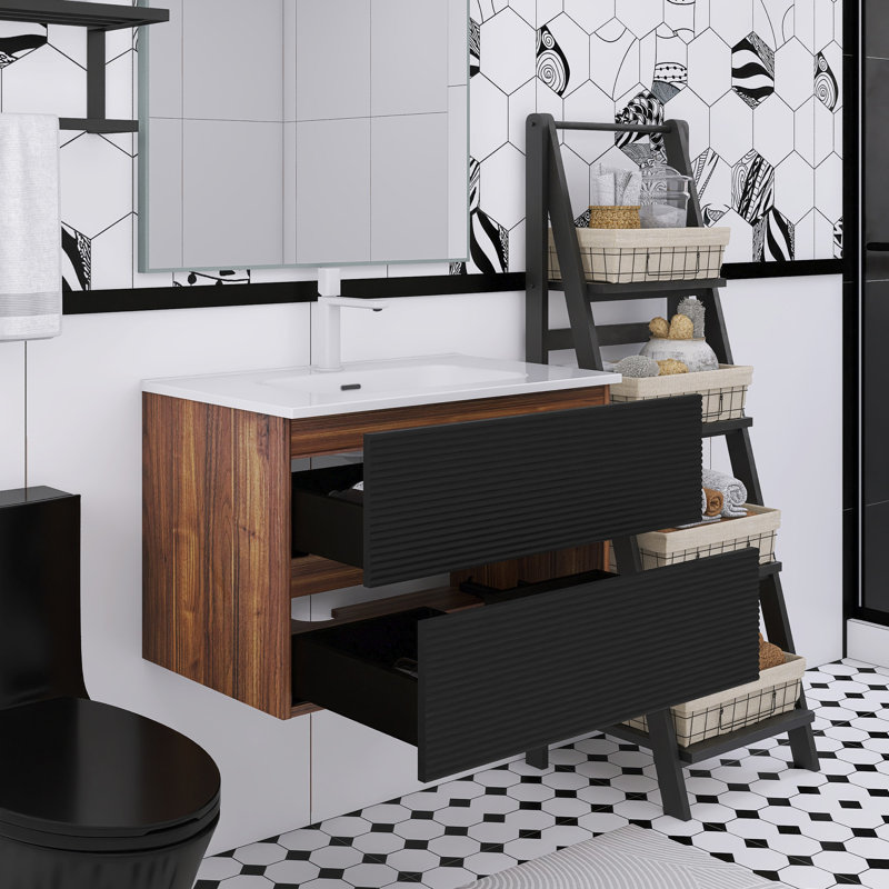 Meuble-lavabo mural 30 po noir et noyer doux avec lavabo en céramique