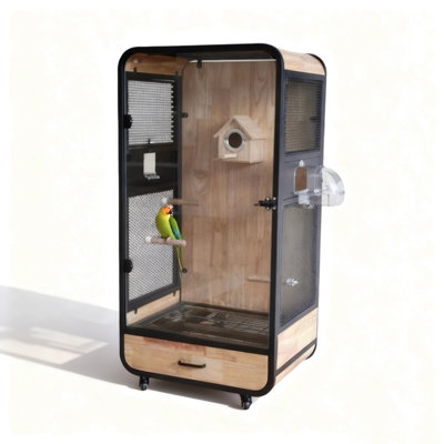 Minimalist Black Frame Solid Wood Parrot Cage, Rolling Standing Glass Bird Cabinet with Full Transparent Front Door & Wooden Nest Hut
