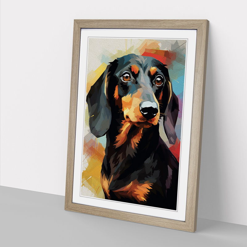 Dachshund Gestural - Single Picture Frame Print on Wood, Oak, 34cm H x 25cm W x 2cm D