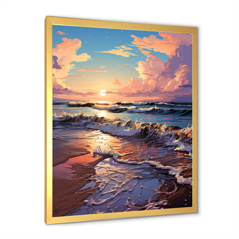 «Beachside Sunset Horizon 3», art mural plage, Cadre doré simple, H 20 po x l 12 po x P 1 po