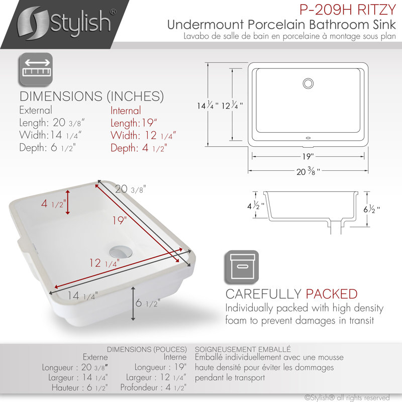 Ritzy 20-3/8" White Porcelain Rectangular Undermount Bathroom Sink
