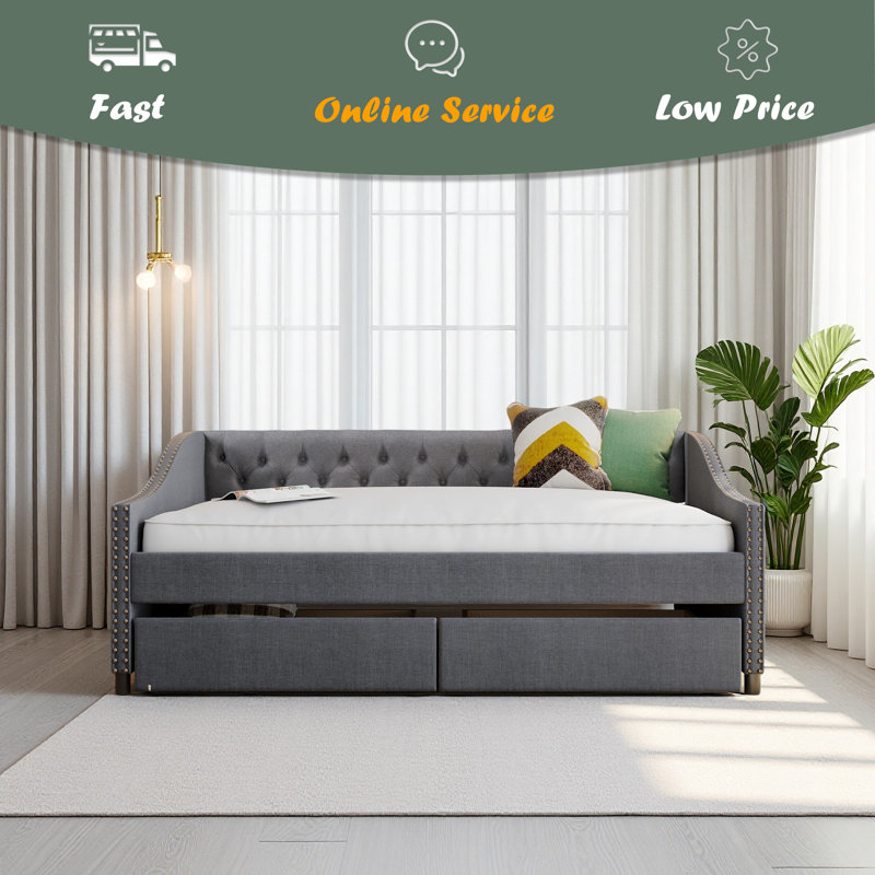 Upholstered Daybed With Two Drawers, Gray