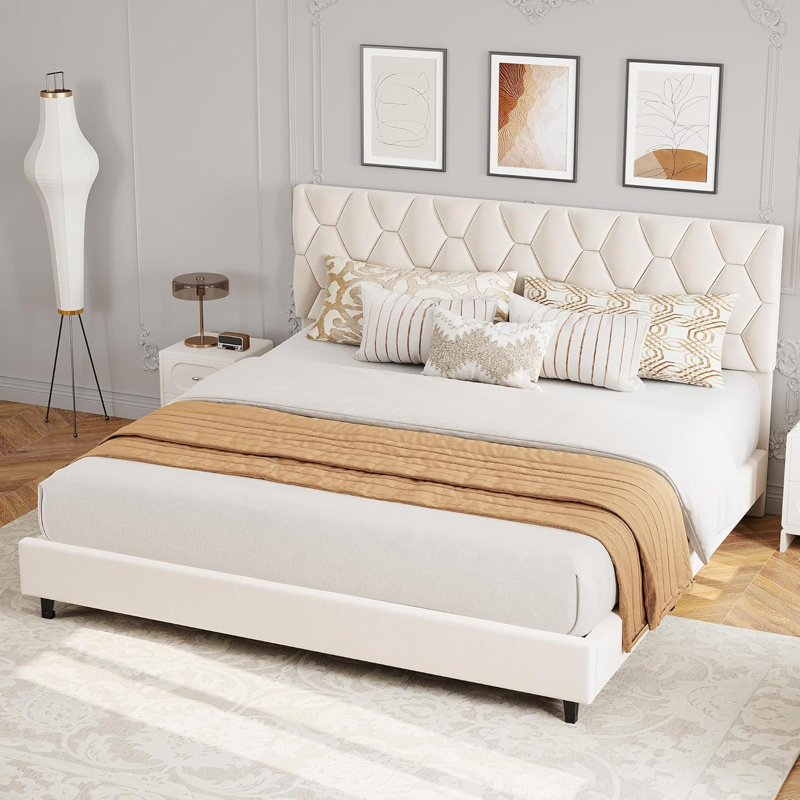 King Upholstered Bed Frame, Heavy-Duty Wood Slats, Beige, Beige, King