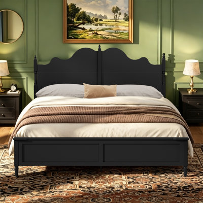  King Size Vintage Wood Platform Bed with Curved Headboard, Black