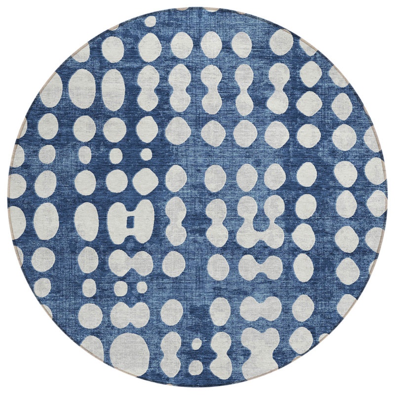Tapis extérieur rond lavable abstrait bleu marine et ivoire 8 pi