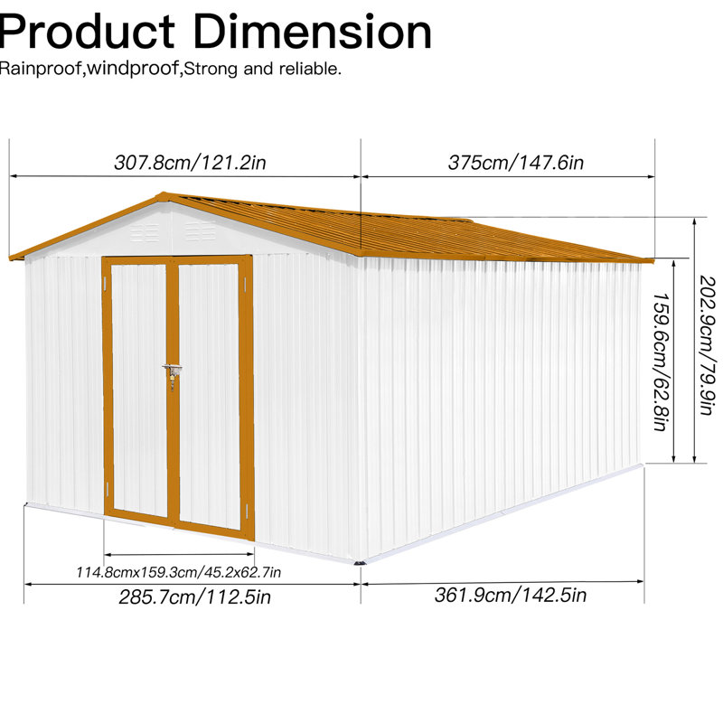 10Ftx12ft Metal Shed - Weather- For Year-Round Use Outdoor Robust Construction With Punched Vents, Tan, White