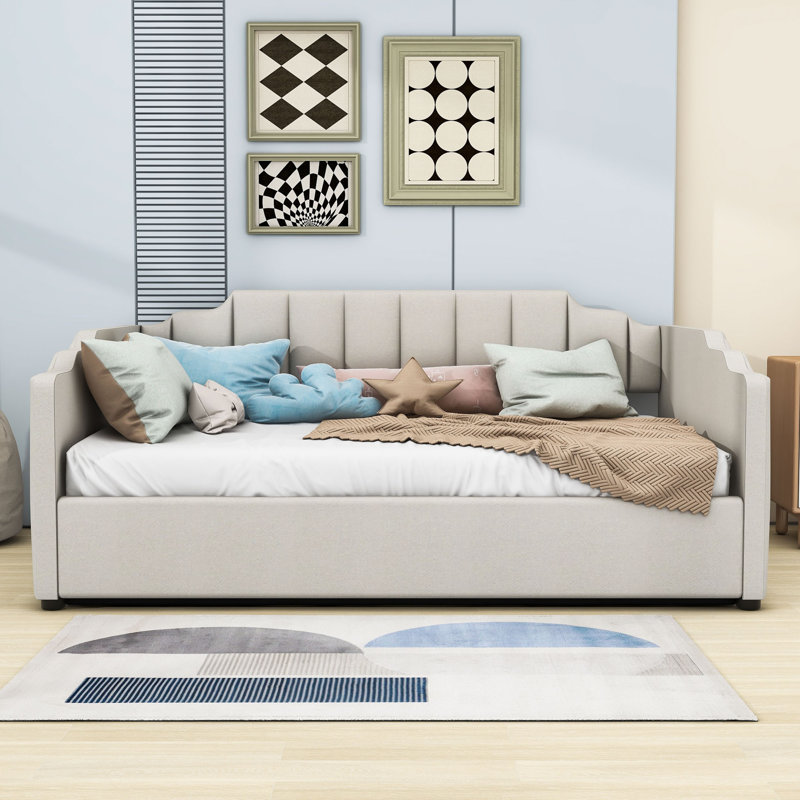 Lit de jour rembourré en bois avec rangement inférieur, Lit double, Beige