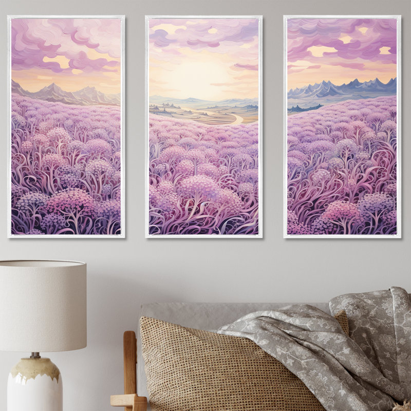 «Magical Lilac Flowers Field», ensemble de reproductions d'art mural, Cadre flottant blanc, H 32 po x l 48 po x P 1 po