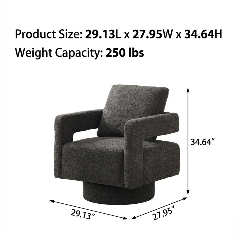 Fauteuil d'appoint pivotant carré moderne avec rotation à 360 degrés et coussin de dossier amovible, Gris anthracite