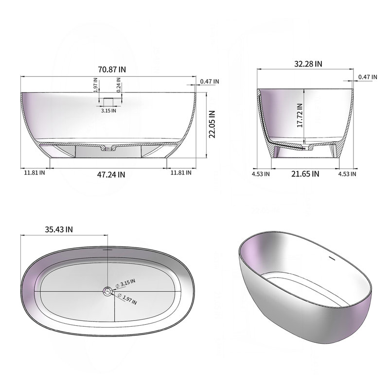 71 Inch Freestanding Solid Surface Soaking Bathtub Matte White