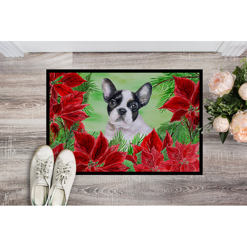 Tapis de porte pour l’extérieur antidérapant bouledogue poinsettas, Rectangle 1 pi 6 po x 2 pi 3 po