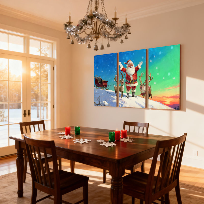Noël, père Noël, renne, traîneau, paysage enneigé, coucher de soleil, ensemble de 3 impressions sur toile, H 30 po x l 60 po