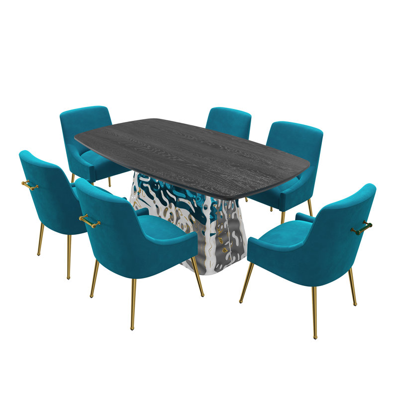 Hillit 6 - Person Wood Dining Set with Velvet Dining Chairs for Kitchen, Light Blue