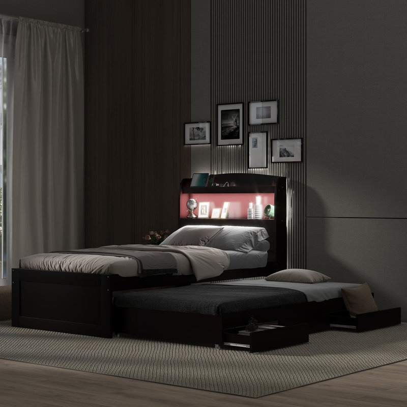 Twin XL Platform Bed with LED Storage Headboard, USB Charging, Twin Trundle & 2 Drawers, Solid Pine Wood Frame, No Box Spring