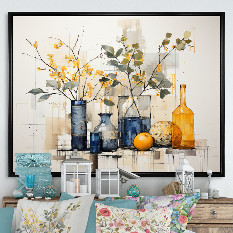 Bleu et jaune agrume Boho Pottery II - Boho Pottery, art mural, Cadre flottant noir, H 30 po x l 40 po x P 1,5 po